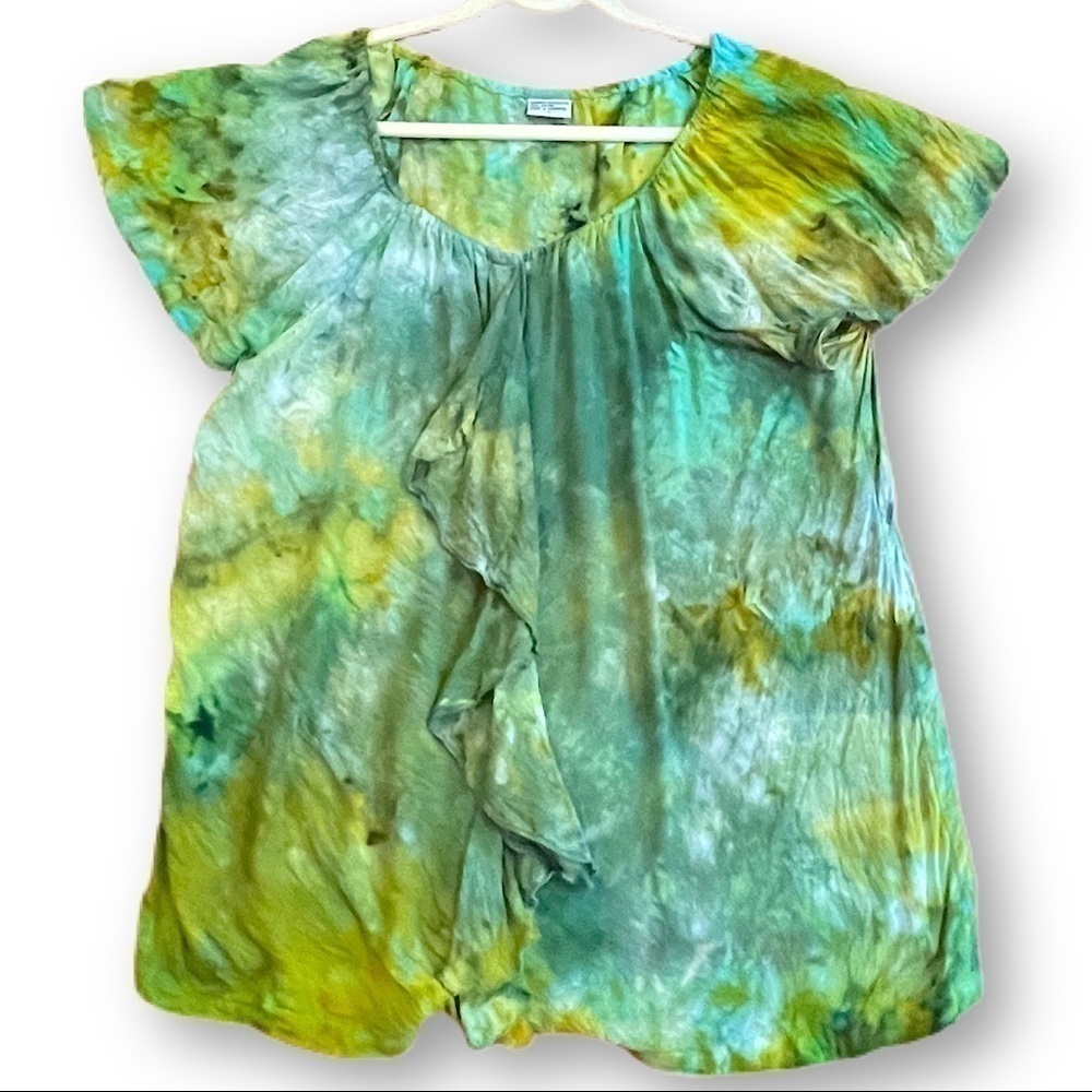 tie dye ruffle blouse underwater ocean opal blue green L